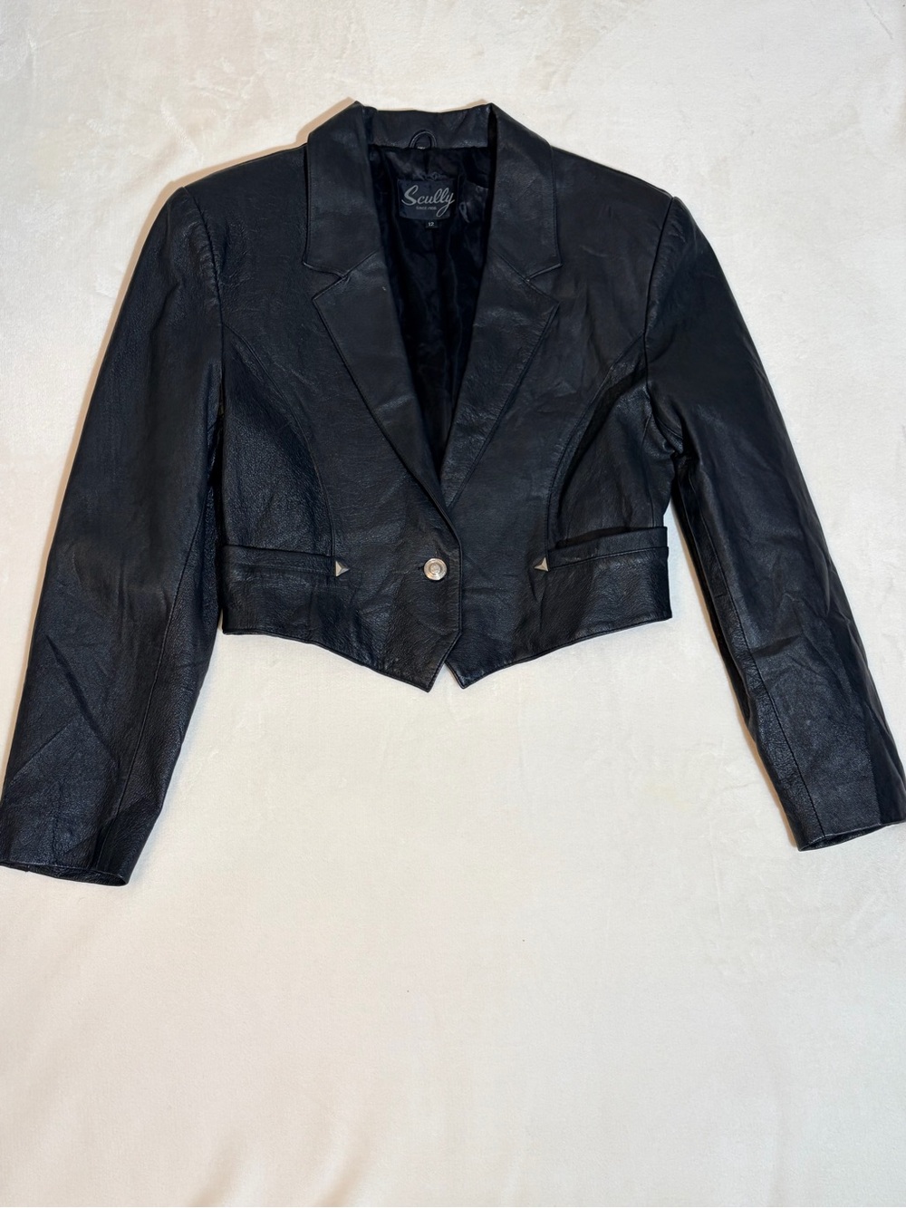 Scully Black Cropped Leather Western Style Jacket with Notch Lapels